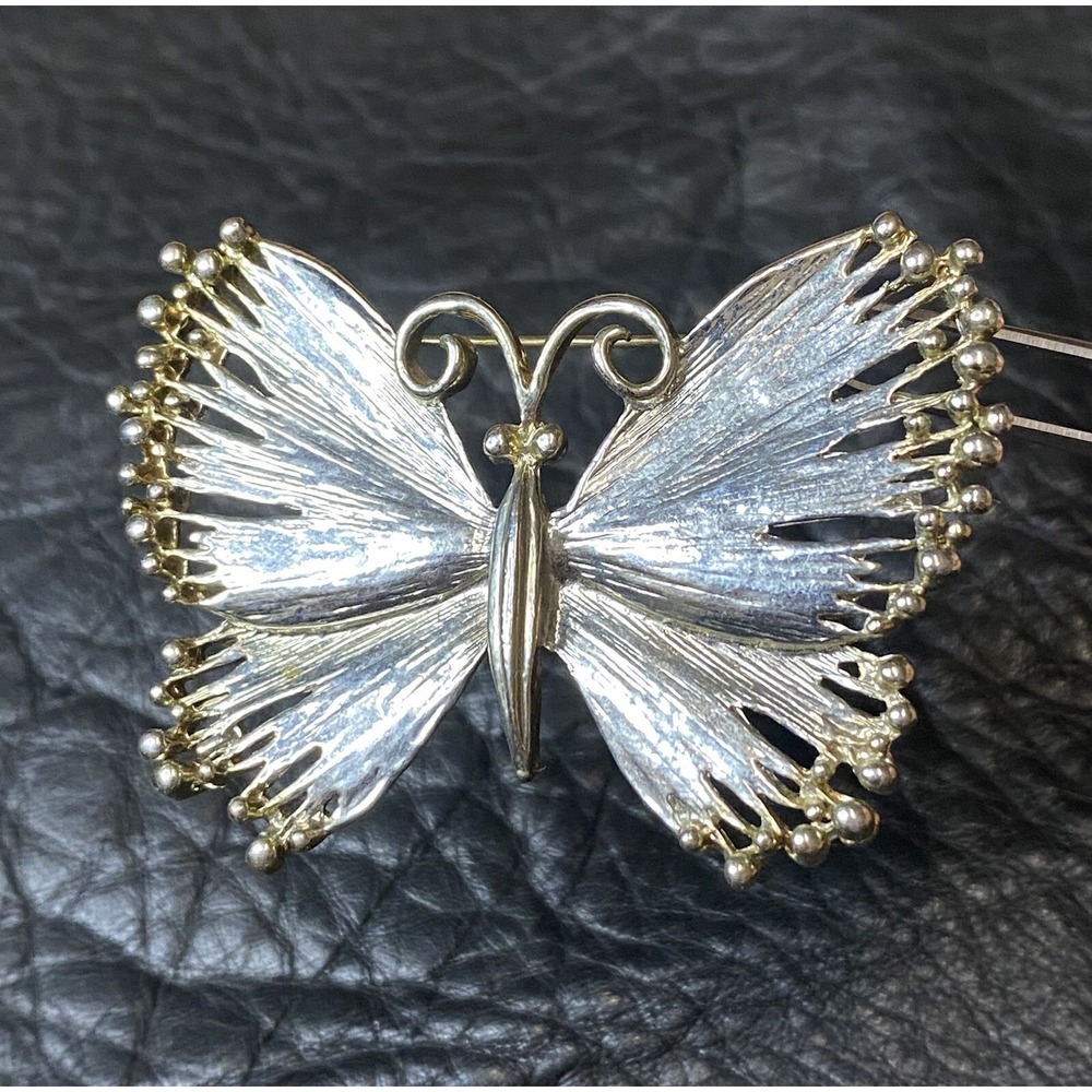 VNTG Butterfly Mini Sculpture Style Satin Silver Tone Metal Beads On Tips Brooch